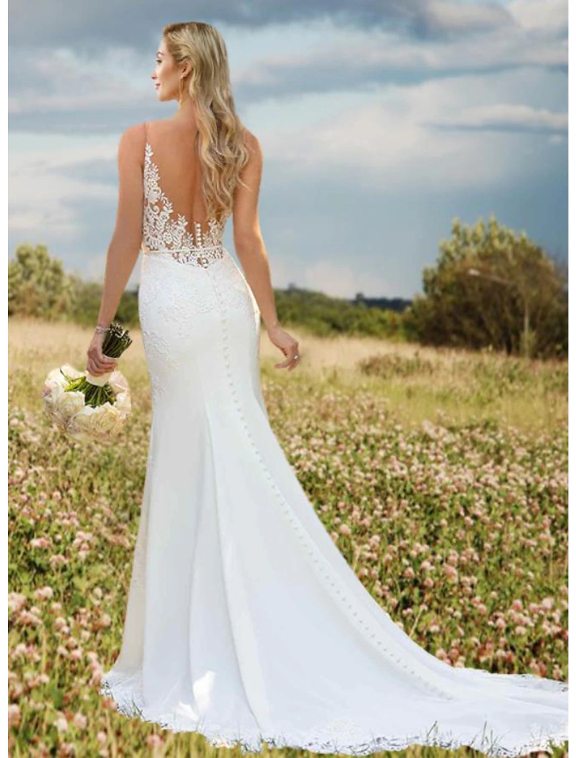 Ivory mermaid lace wedding dress with open back and court train