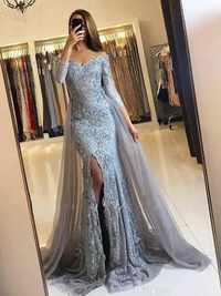 Tulle and lace off-the-shoulder long sleeve trumpet mermaid prom dress with sweep brush train