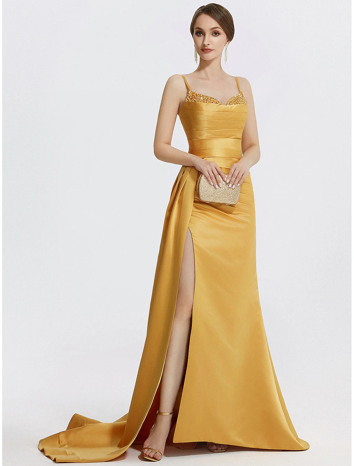 A-line satin evening gown with spaghetti straps and rhinestone ruched bodice