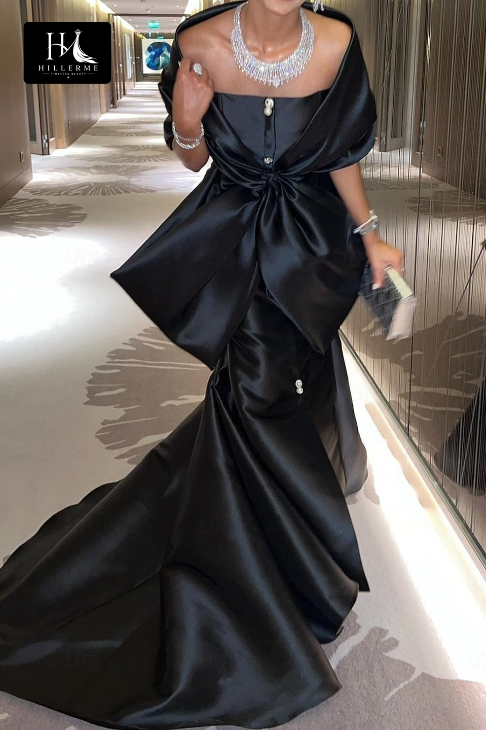 Draped Bow Mermaid Evening Gown with Off-the-Shoulder Wrap