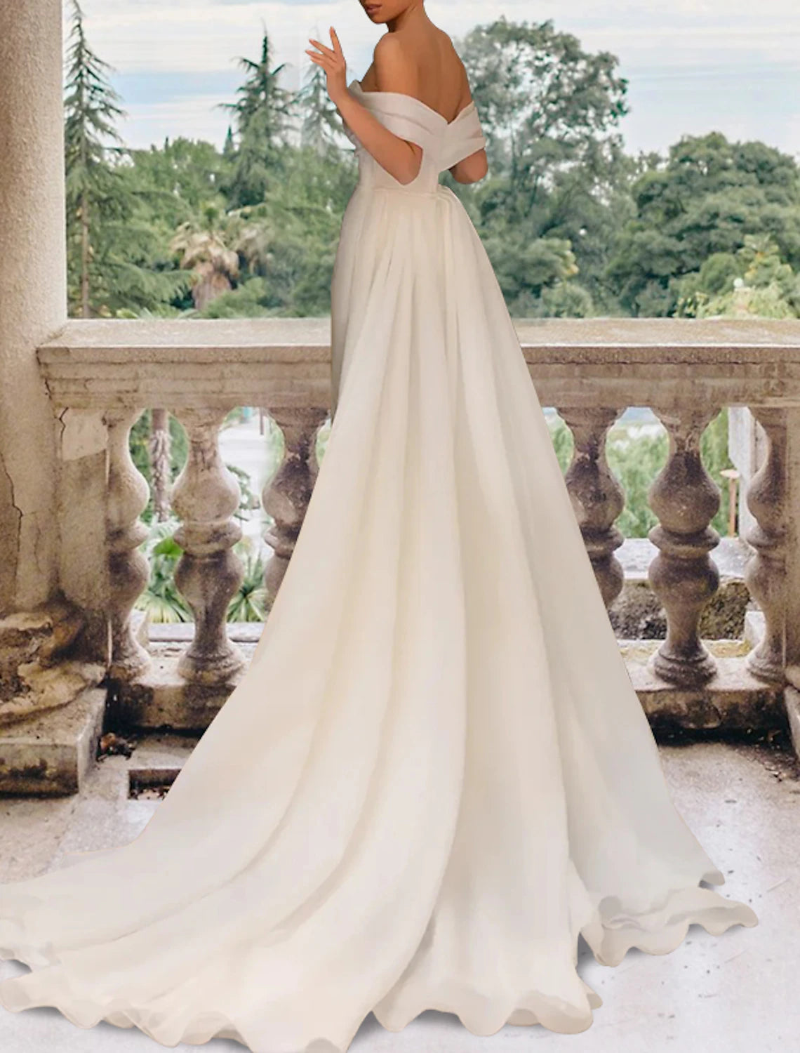 Off-shoulder cap sleeve satin bridal gown featuring side-draped waist detailing in ivory
