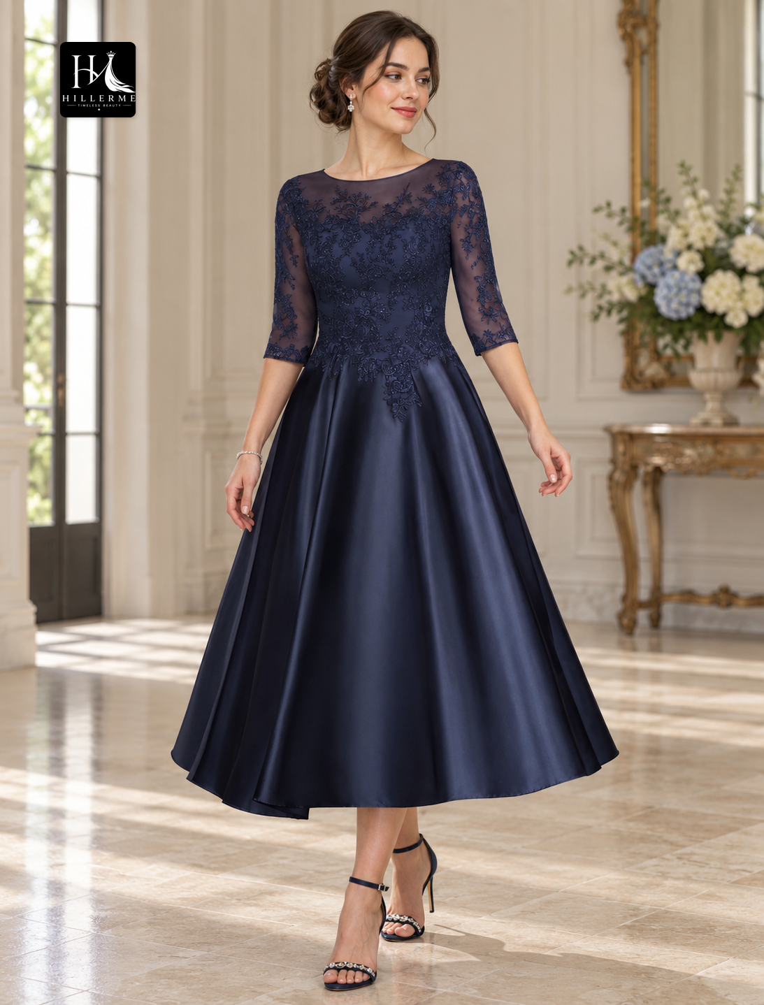 A-Line Jewel Neck Tea-Length Satin and Lace Mother of the Bride Dress with 3/4 Sleeves
