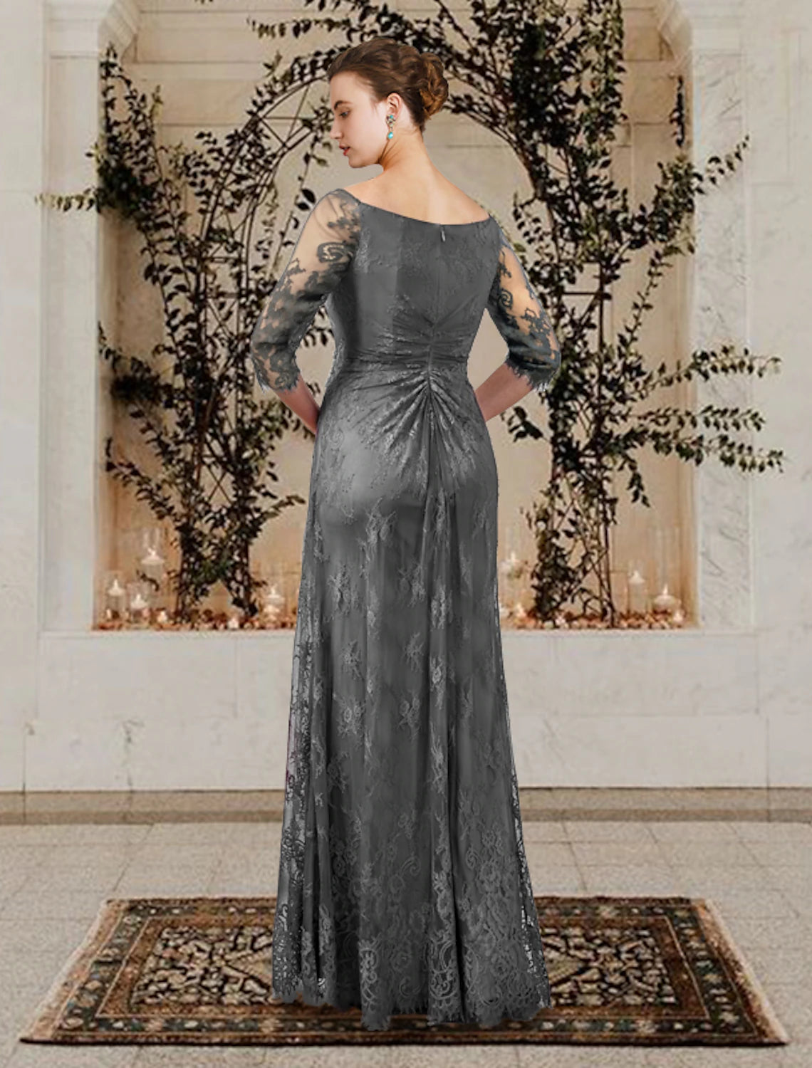 Floor-length jewel neck A-line lace mother of the bride dress