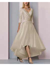Champagne A-line satin mother of the bride dress with V-neck, half sleeves, and asymmetrical high-low skirt