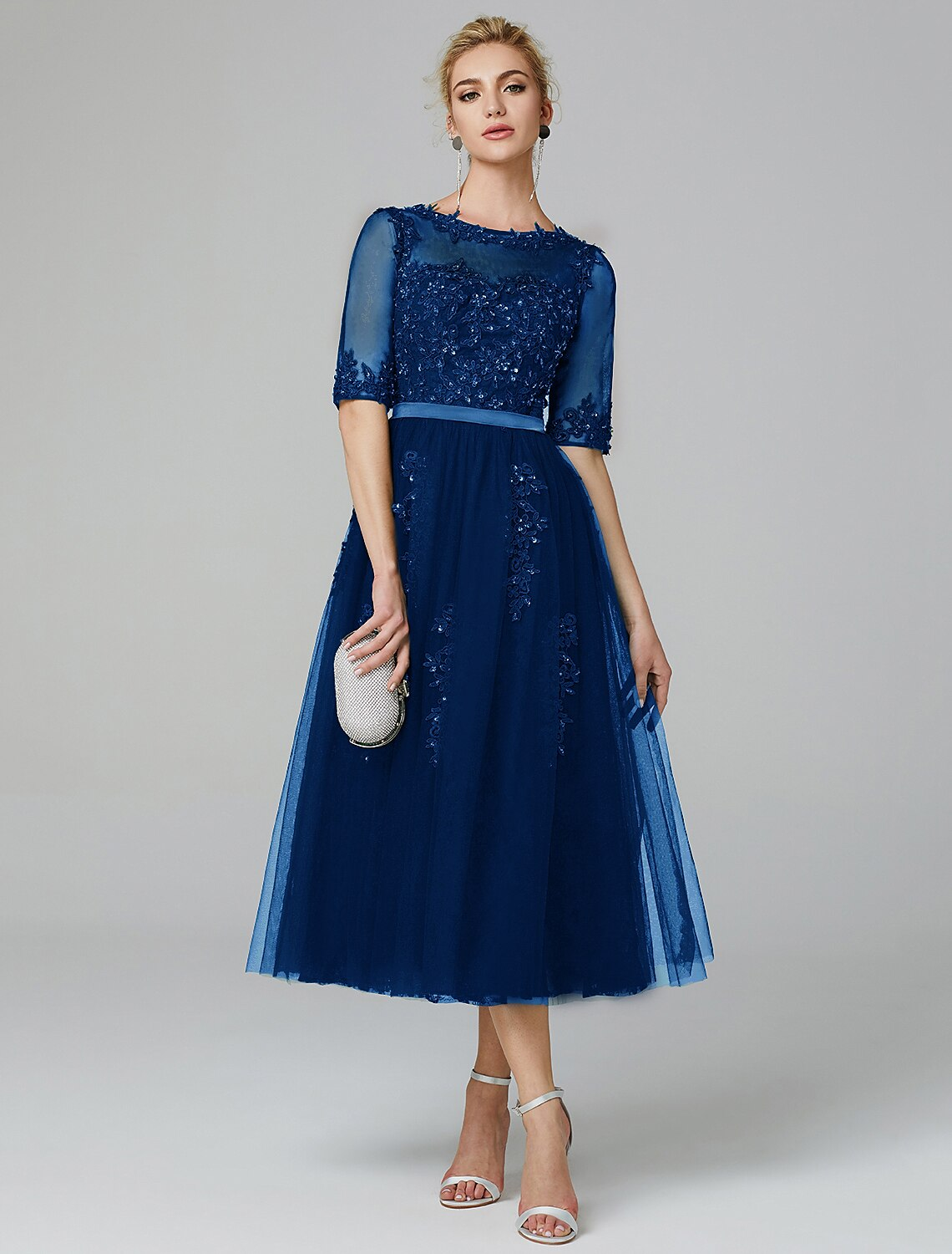 Lace over tulle tea length A-line formal dress with sparkling sequin appliques