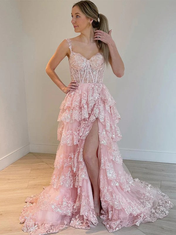 Pink A-line sleeveless lace and tulle prom dress with straps and court train