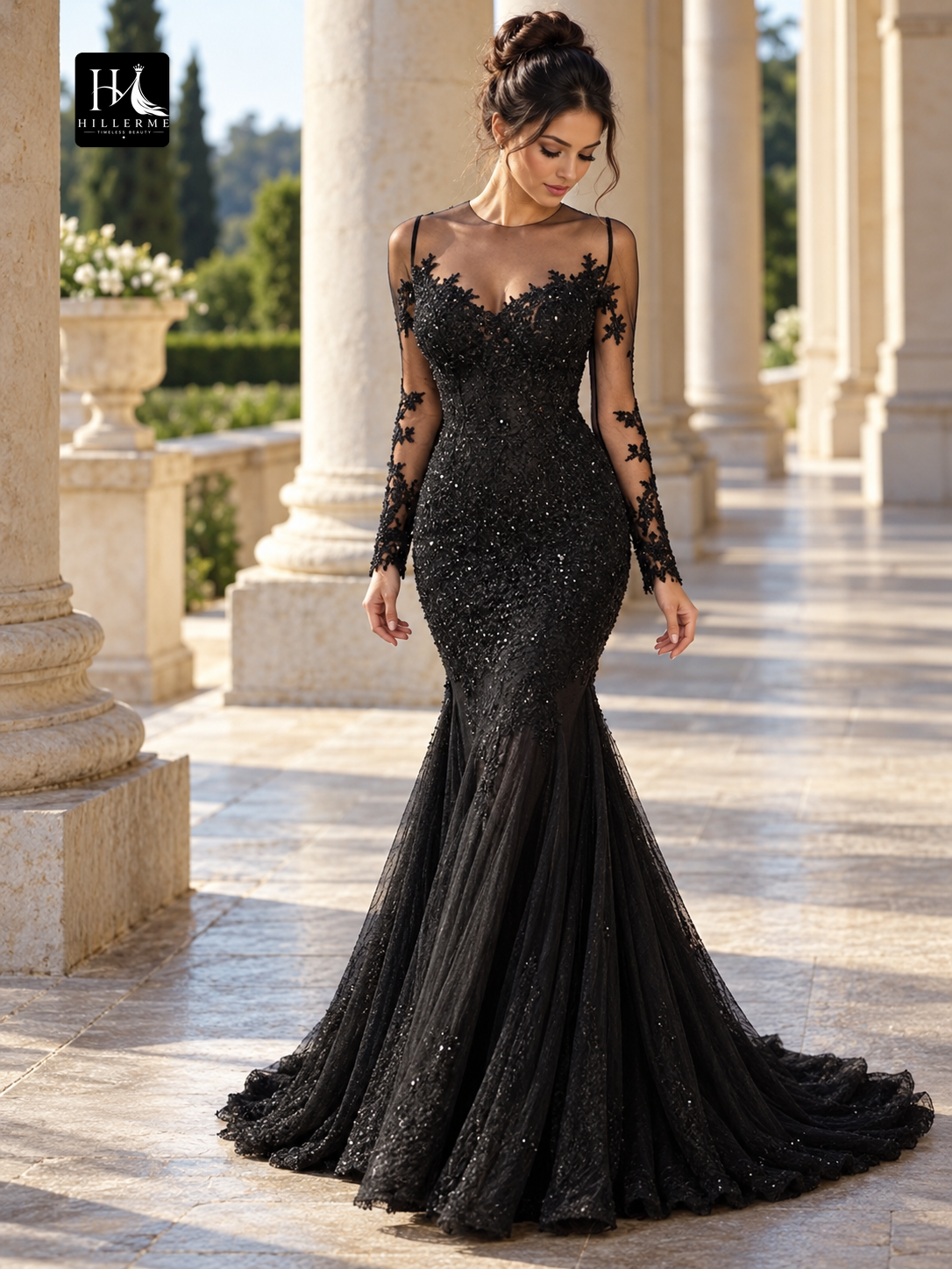 Trumpet/Mermaid Sheer Neck Long Sleeve Applique Tulle Prom Dress with Sweep Train