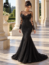 Trumpet/Mermaid Sheer Neck Long Sleeve Applique Tulle Prom Dress with Sweep Train