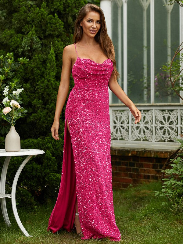 Ruched sleeveless floor-length sheath prom dress with spaghetti straps