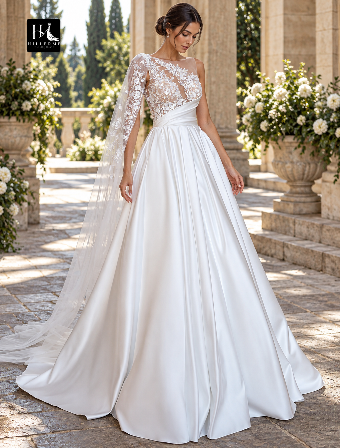 Off-the-Shoulder V-Neck Ruched Satin Ball Gown Wedding Dress with Chapel Train