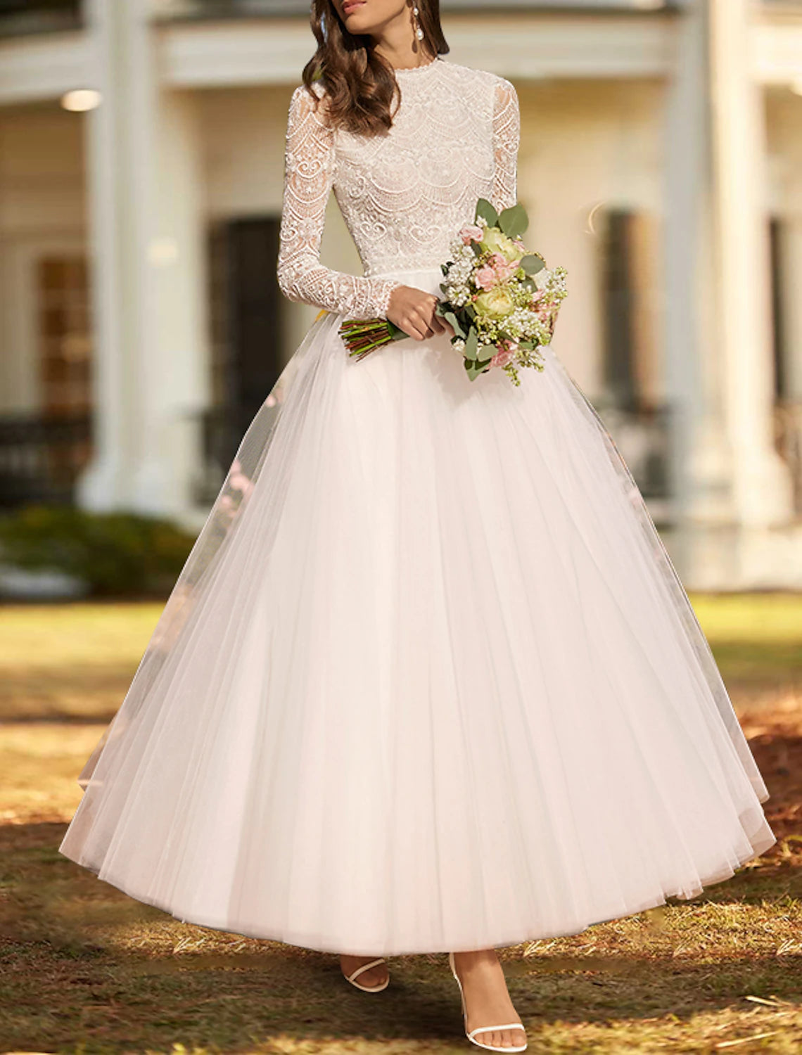 Strapless sweetheart A-line ankle length lace wedding dress with pleats in ivory