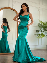 Column silhouette prom dress with ruched bodice, sleeveless V-neck, and sweep train