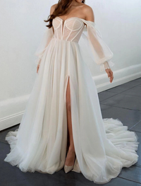 Long sleeve off-shoulder ruched chiffon wedding dress with A-line skirt and court train in white