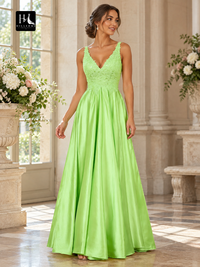 A-Line V-Neck Sleeveless Lace and Elastic Woven Satin Floor-Length Prom Dress