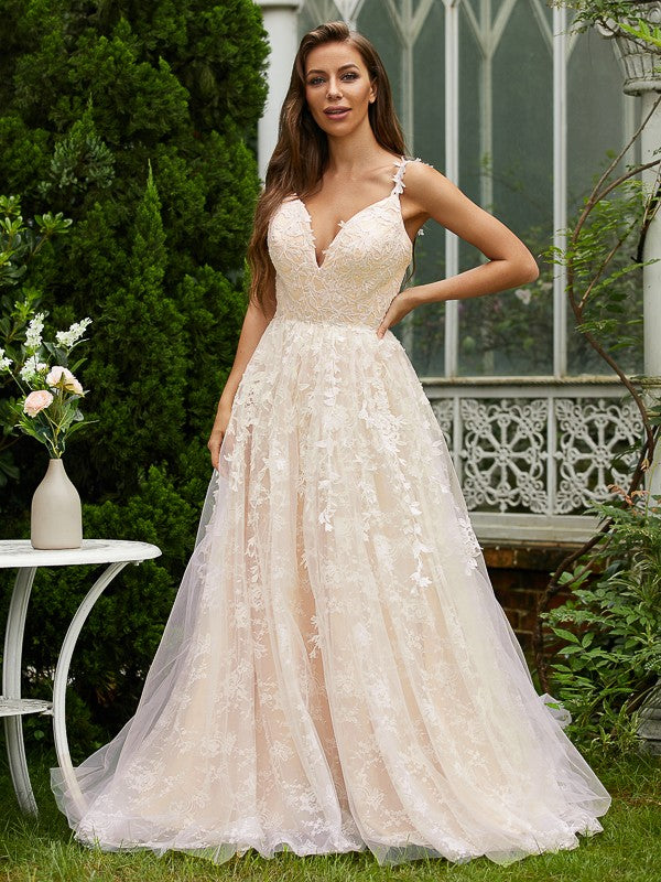 A-line sleeveless tulle and lace prom dress with V-neckline