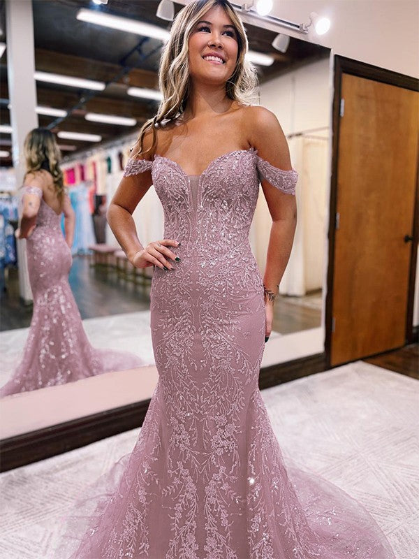 Lace applique sheath column prom dress with elegant court train