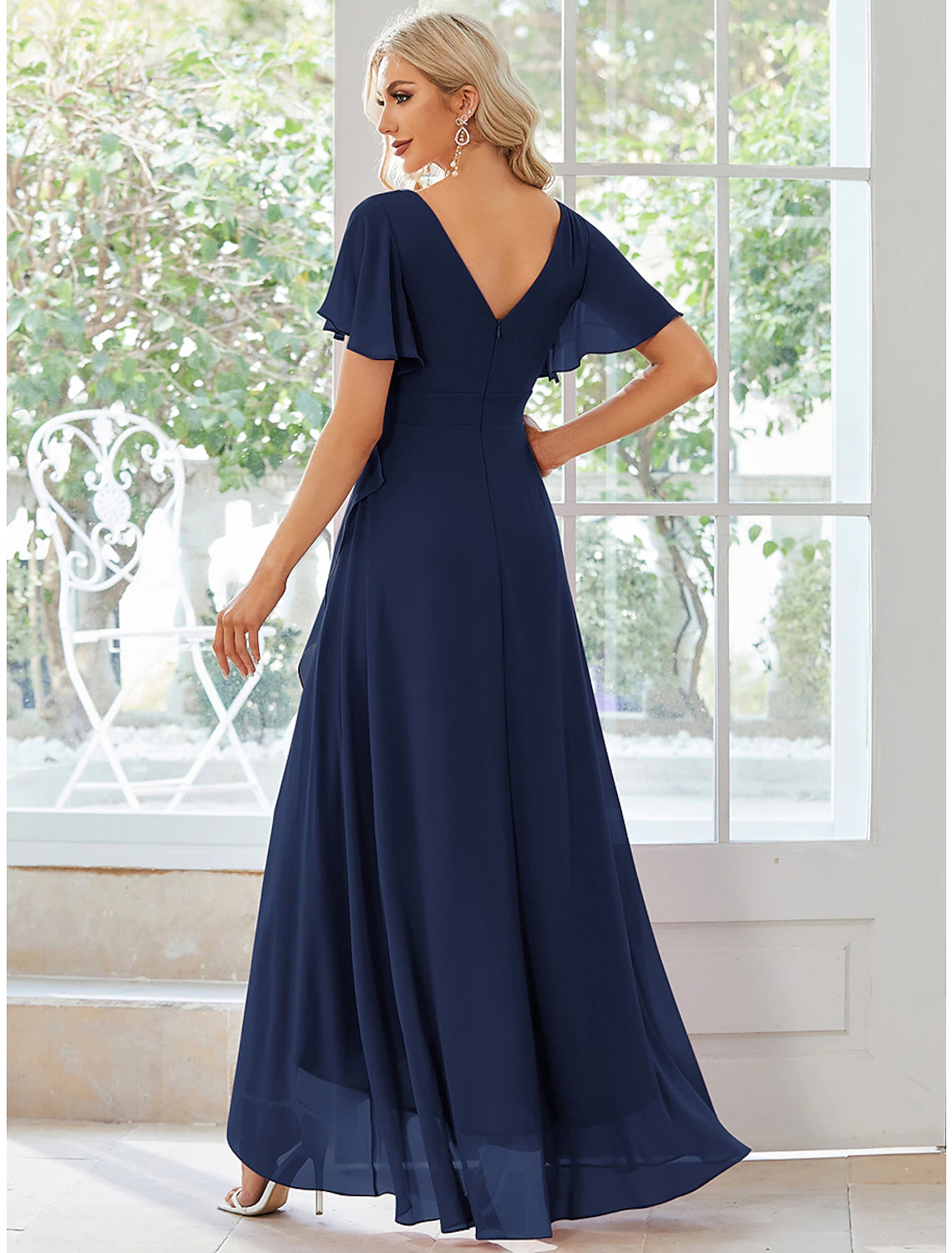 V-neck chiffon bridesmaid dress in pure color with short sleeves and asymmetrical ruffles