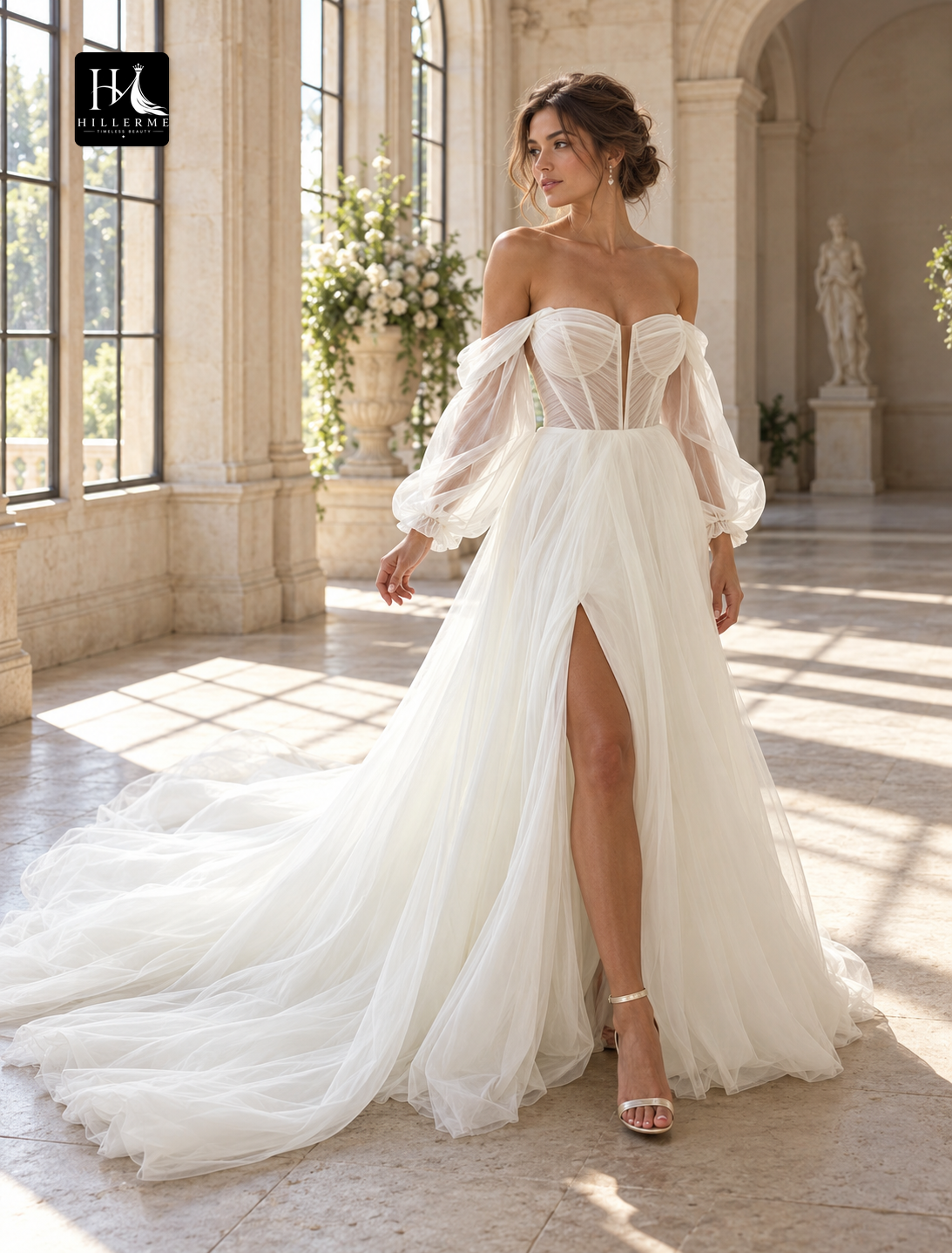 A-Line Off-the-Shoulder Long Sleeve Ruched Chiffon Wedding Dress with Court Train