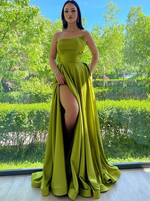 Sleeveless strapless charmeuse A-line prom dress with ruched bodice