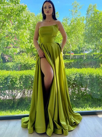 Sleeveless strapless charmeuse A-line prom dress with ruched bodice