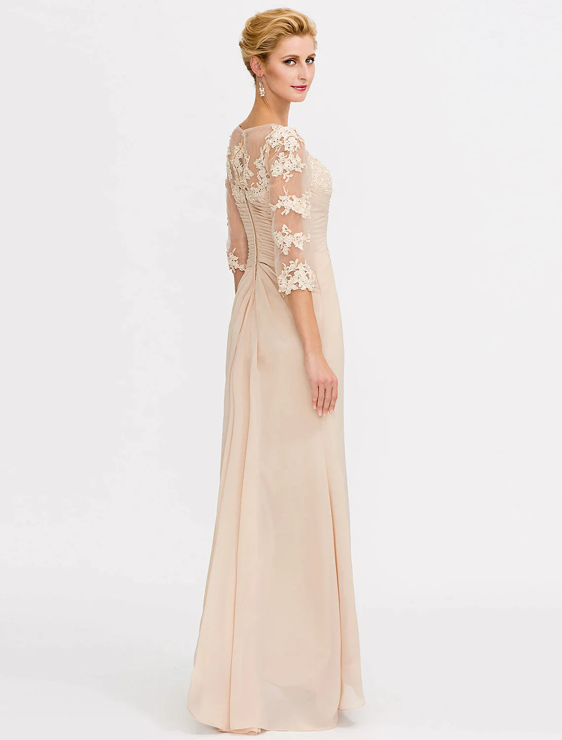Floor-length A-line chiffon mother of the bride dress with V-neck and half sleeves
