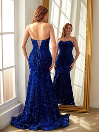 Royal blue velvet sequins sheath prom dress with sweep brush train