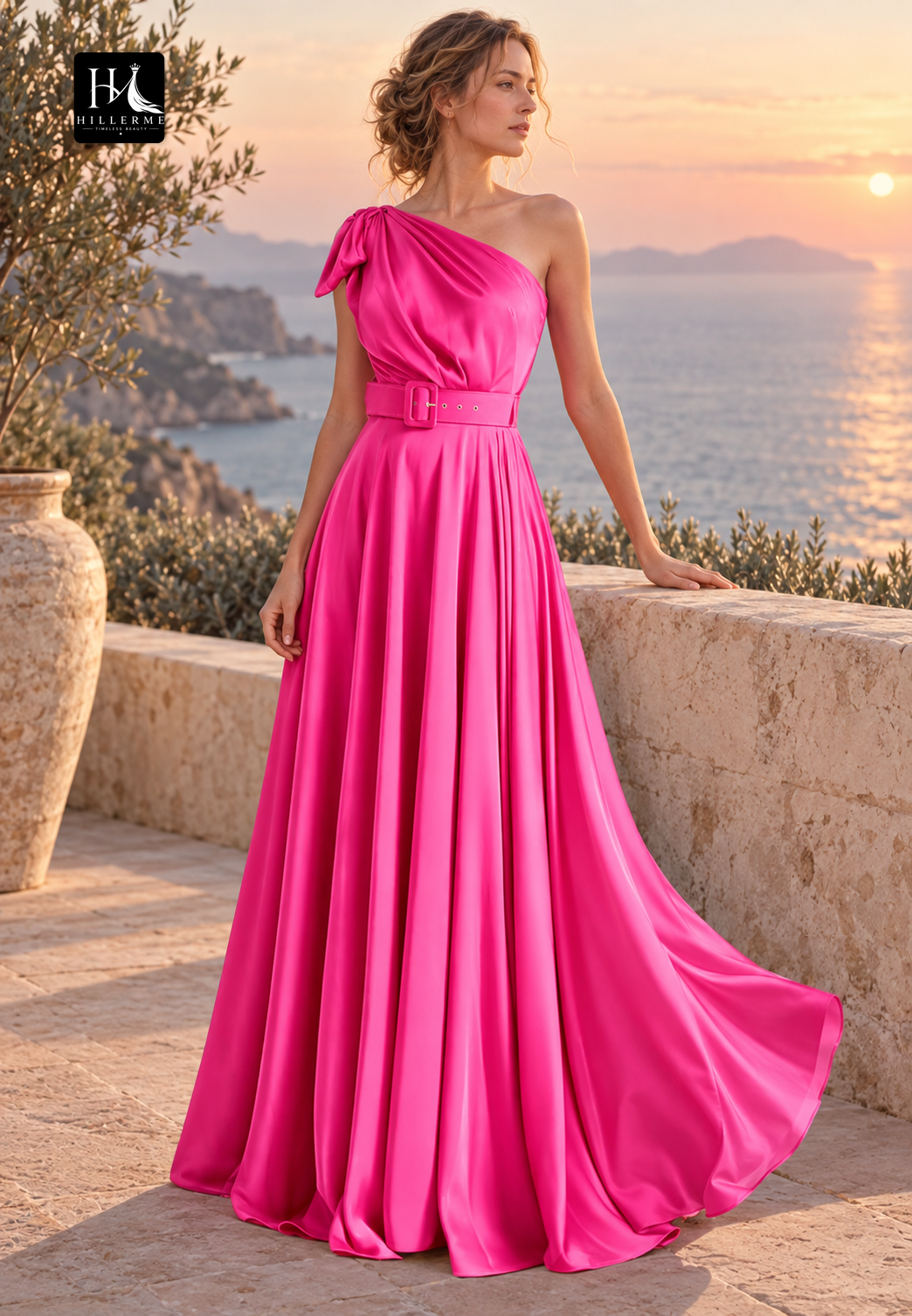 Asymmetrical-Neck Fitted Floor-Length Satin Dress with Pleated Details for Mother of the Bride