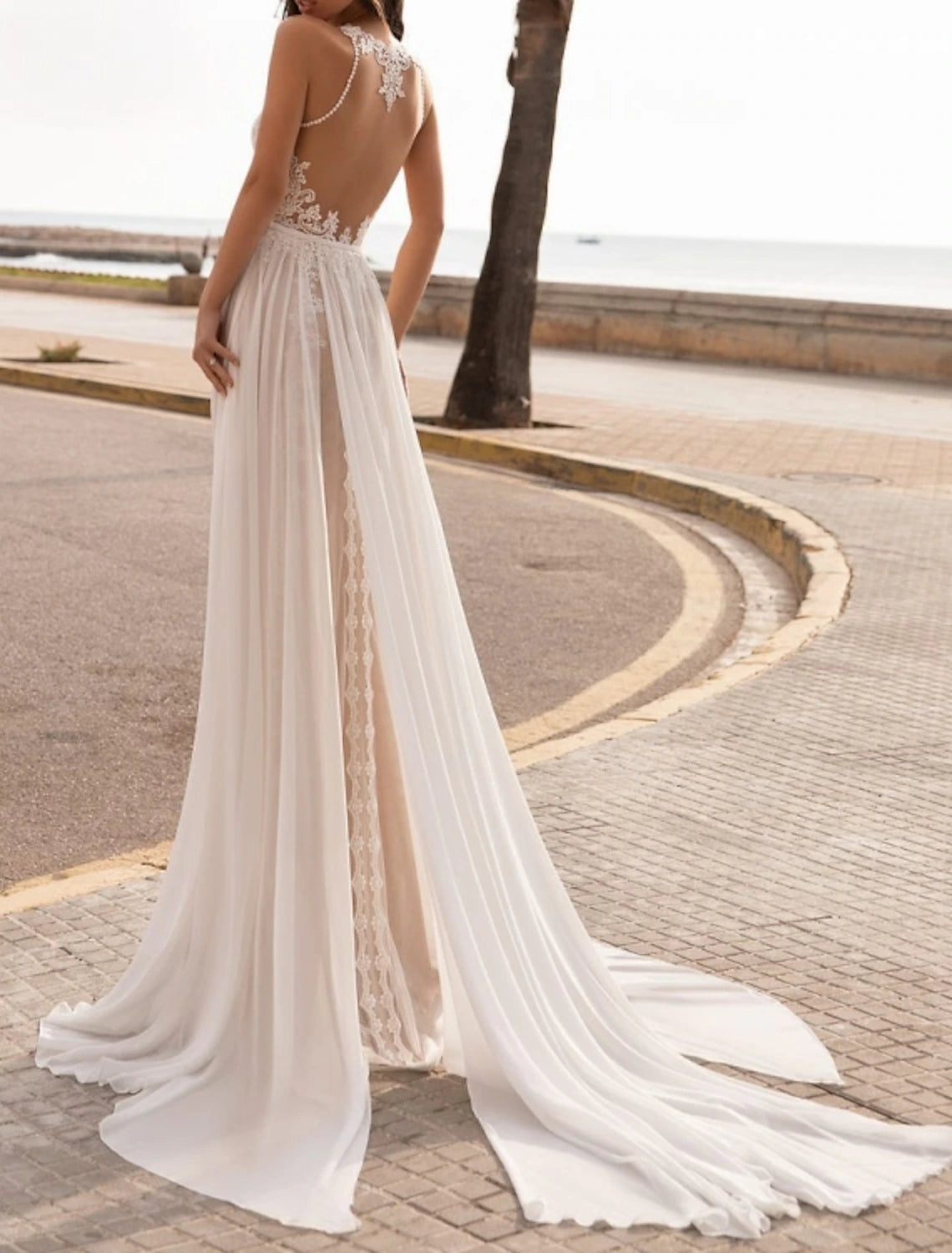 Ivory chiffon A-line halter wedding dress with delicate embroidery
