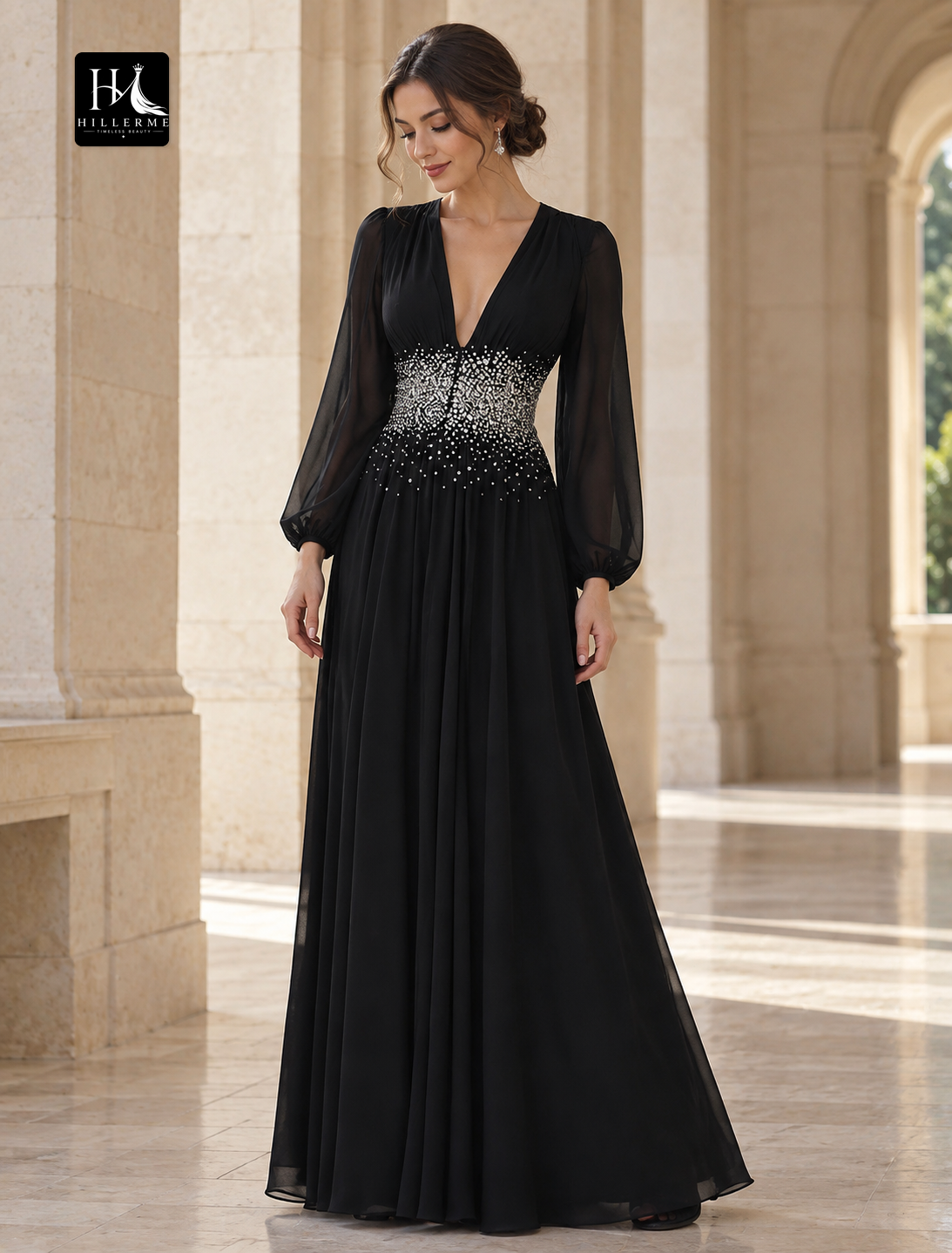 Floor-Length A-Line Long Sleeve V-Neck Chiffon Evening Dress with Sequins