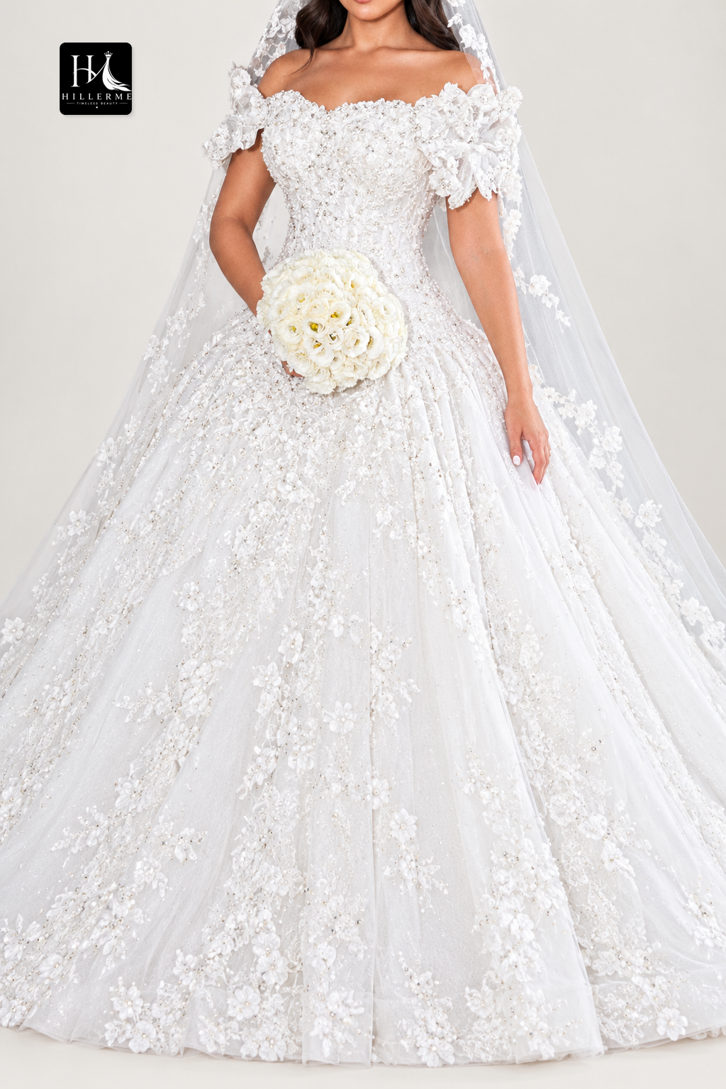 Beaded Lace Ball Gown Wedding Dress with Veil