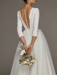 Off-shoulder cap sleeve tea-length chiffon bridal dress with ruched front split detail