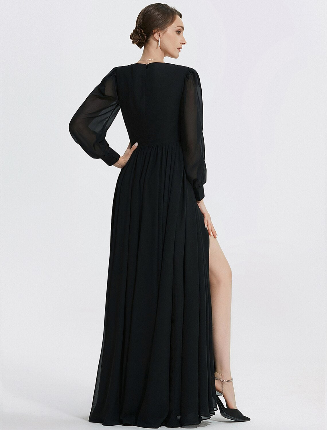 Floor-length A-line formal chiffon dress showing the side slit detail
