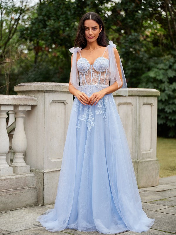 Sky Blue A-line tulle prom dress with appliques