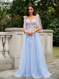 Sky Blue A-line tulle prom dress with appliques
