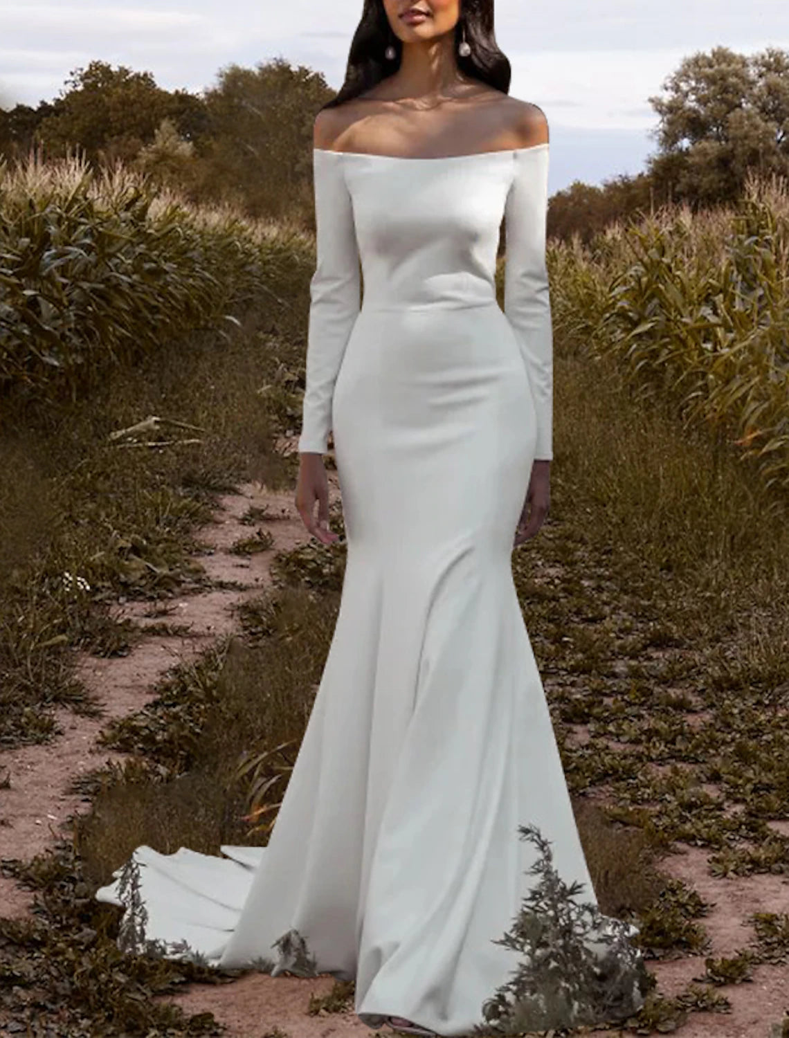 Simple off-shoulder long sleeve mermaid wedding dress in ivory stretch fabric