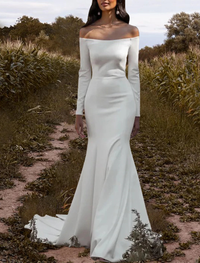 Simple off-shoulder long sleeve mermaid wedding dress in ivory stretch fabric