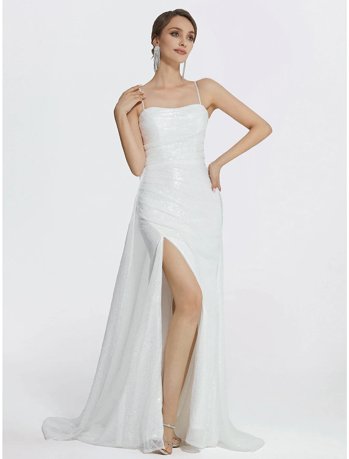 Floor-length sparkling sequined mermaid prom dress with ruched slit