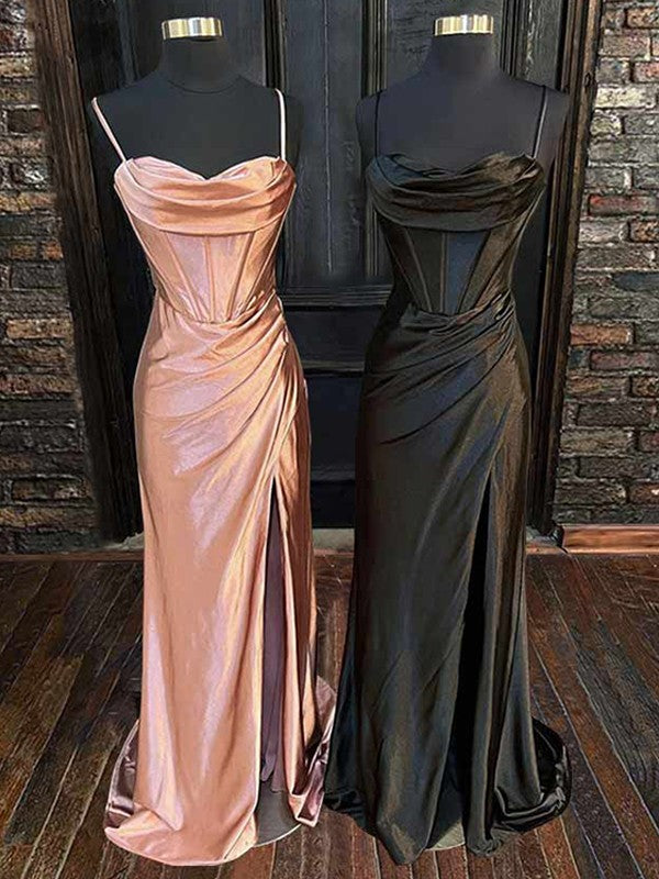 Sheath silk-like satin prom dress with pleats and sweep train