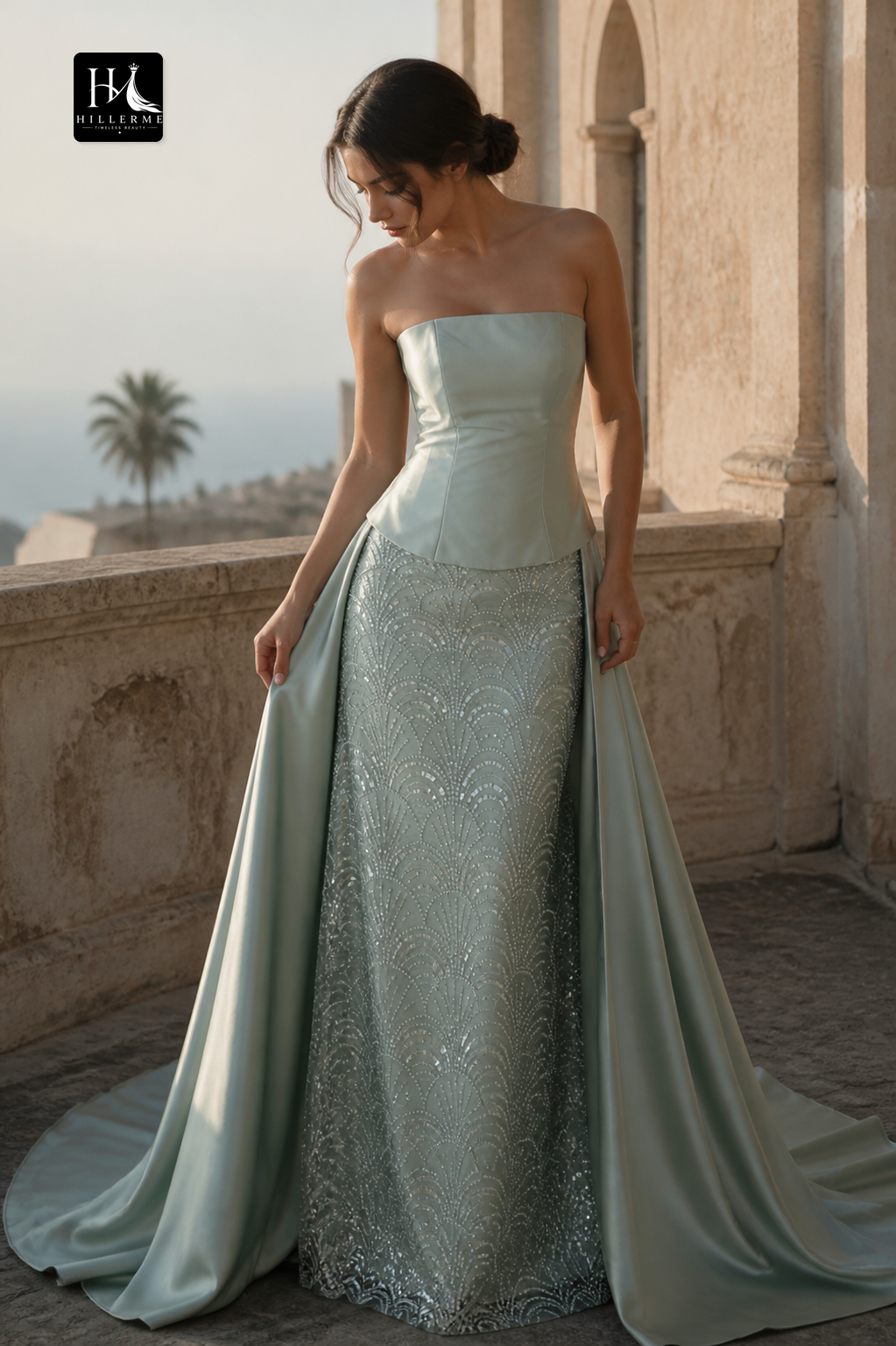 Strapless Fitted Gown with Beaded Scallop Skirt and Flowing Satin Train