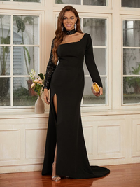 Square neck long sleeve lace and stretch crepe sheath prom dress