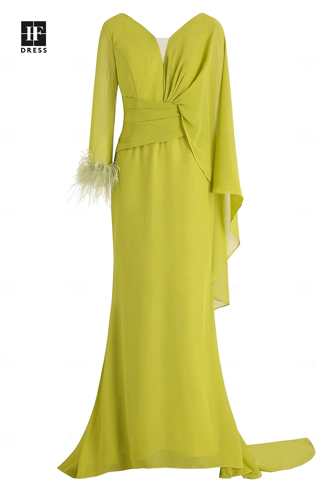 V-Neck Long-Sleeve Chiffon Mermaid Floor-Length Mother of the Bride Gown with Pleated Skirt