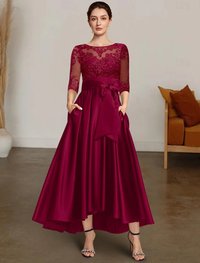 A-line high-low satin and lace mother of the bride dress with bateau neck and 3/4 length sleeves