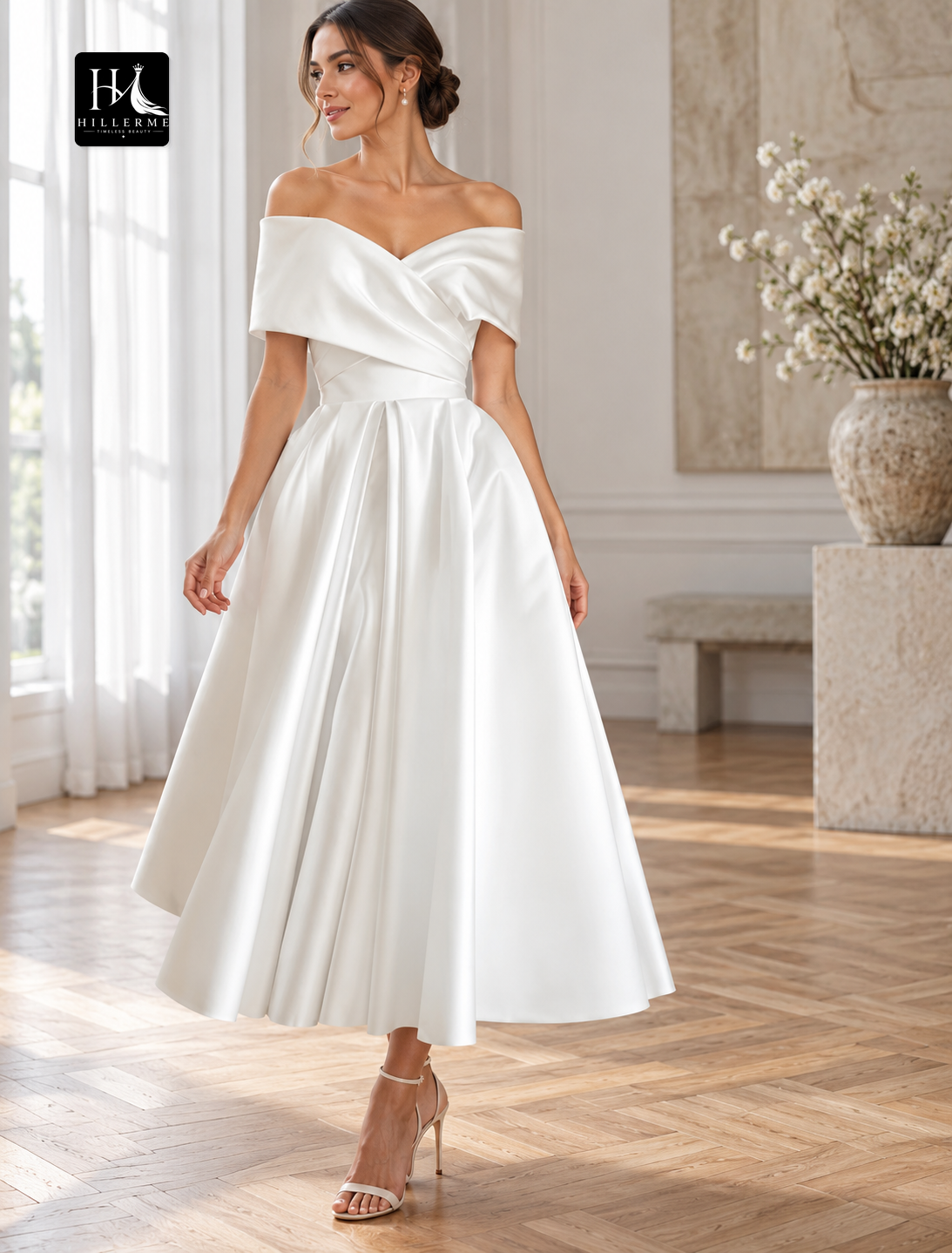 Off-the-Shoulder Cap Sleeve Tea-Length Lace Ball Gown Wedding Dress