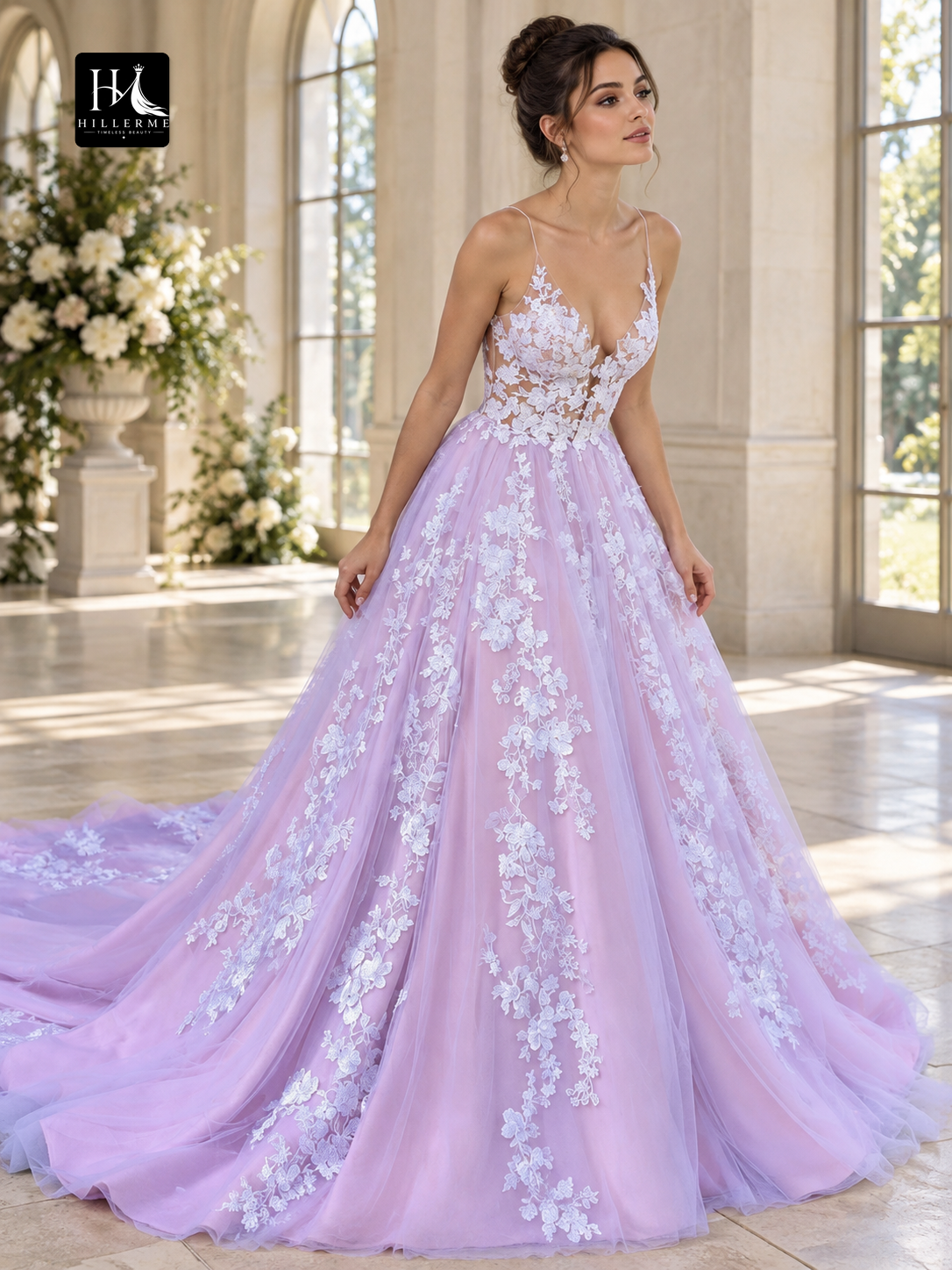 Sleeveless V-Neck Lace Applique Ball Gown Prom Dress with Sweep Train