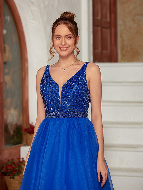 Organza floor-length A-line prom dress with beaded V-neckline
