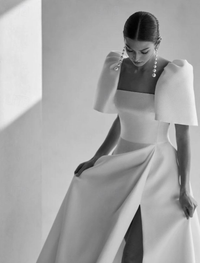 Chapel train satin A-line wedding dress with square neckline and short sleeves in solid white