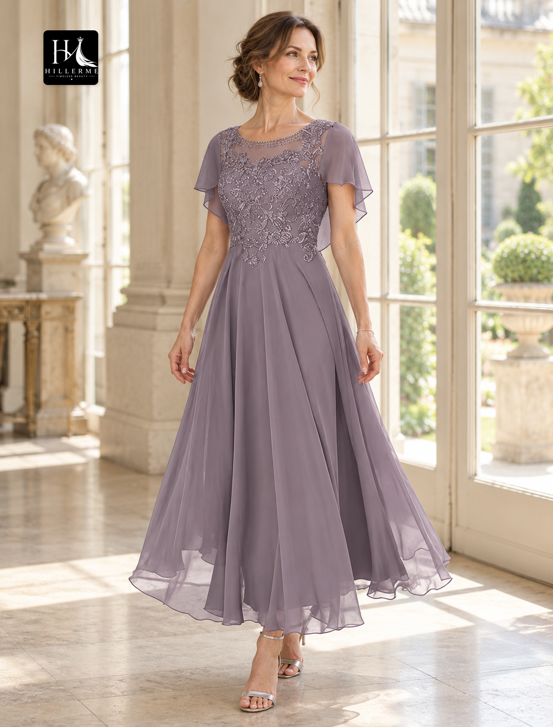 A-Line Scoop Neck Tea-Length Chiffon and Lace Mother of the Bride Dress with Beading Appliques