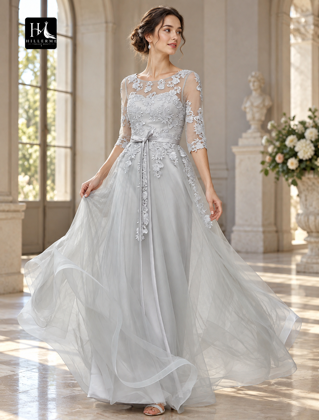 A-Line Empire Illusion Neck Tulle Floor-Length Evening Dress with Half Sleeves and Bow Appliques