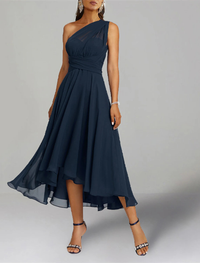 Elegant sleeveless one-shoulder tea-length chiffon dress for wedding guests