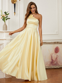 Floor-length A-line satin prom dress with one-shoulder sleeveless design